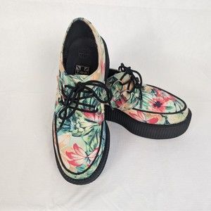 TUK T.U.K Women Size 7 Pink Green Floral Creepers Platform Shoes